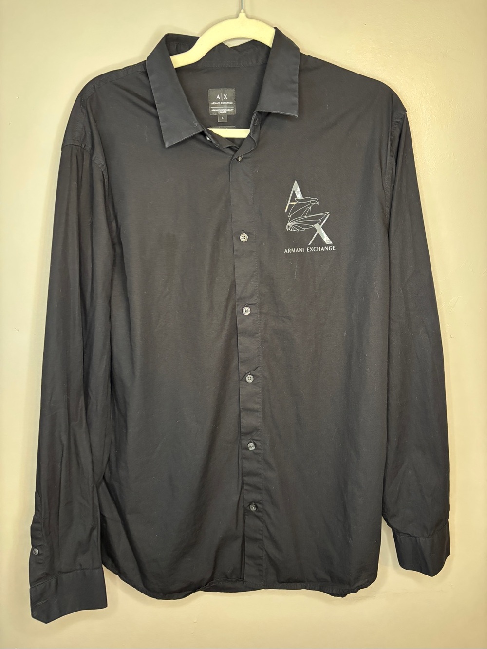 Armani Exchange Black Long-Sleeve Button-Down Shirt with Logo